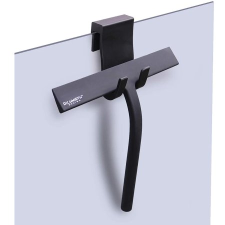  The Richmirth Silicone Shower Squeegee hanging over the top edge of a pain of glass with a white background.