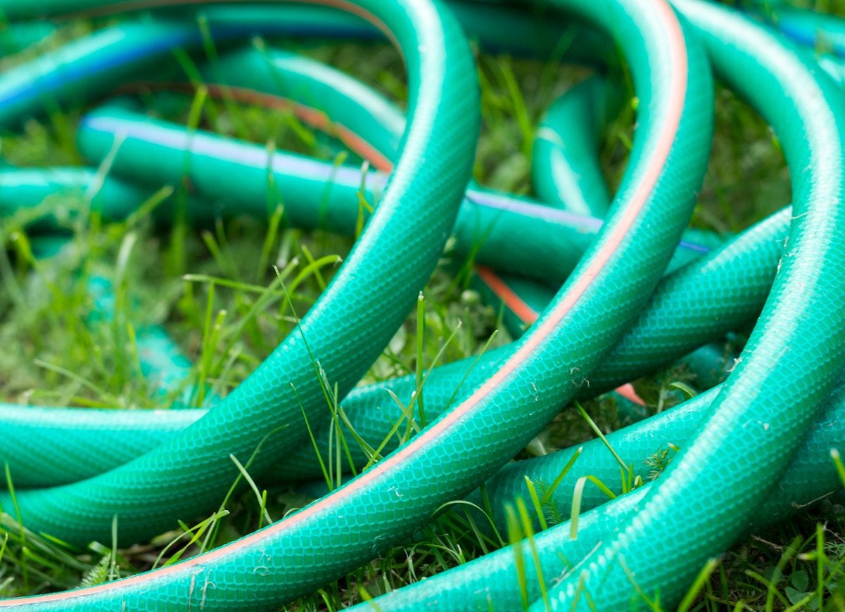 A green garden hose.