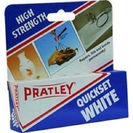  A blue, red, and white box of Pratley Adhesives Quickset White Epoxy on a white background.