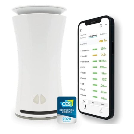  uHoo Indoor Air Sensor 9 in 1 Smart Air Monitor next to a smartphone on a white background