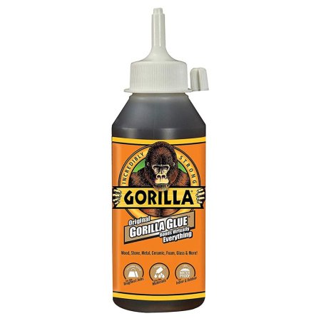  A bottle of Gorilla Glue Original Waterproof Gorilla Glue with and orange label and illustration of a gorilla.