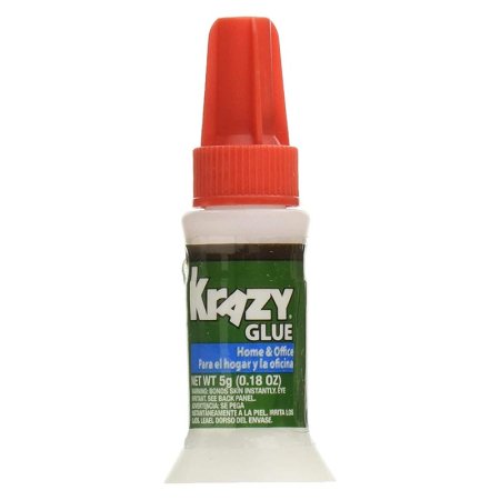  A green, white, and orange bottle of Krazy Glue Home & Office Brush-On Glue on a white background.