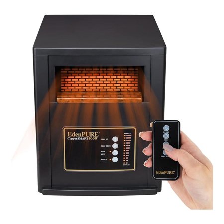  The EdenPure CopperSmart 1000 Infrared Heater with its heating element glowing orange and a person's hand making an adjustment using the remote.