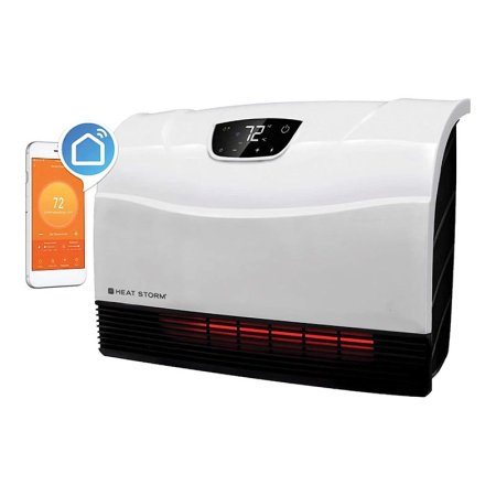  The Heat Storm HS-1500-PHX-WIFI Smart Infrared Heater and a phone showing the Heat Storm app on a white background.