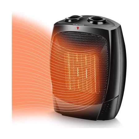  The Trustech 1,500-Watt Ceramic Desk and Space Heater on a white background with an orange illustration to signify heat.