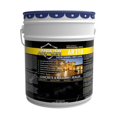 A bucket of Foundation Armor AR350 Acrylic Wet-Look Sealer on a white background.