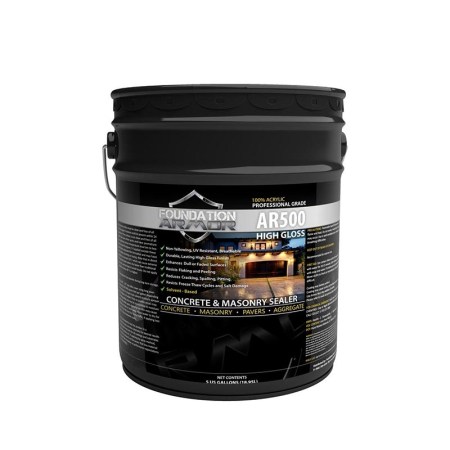  A bucket of Foundation Armor AR500 Acrylic High-Gloss Sealer on a white background.