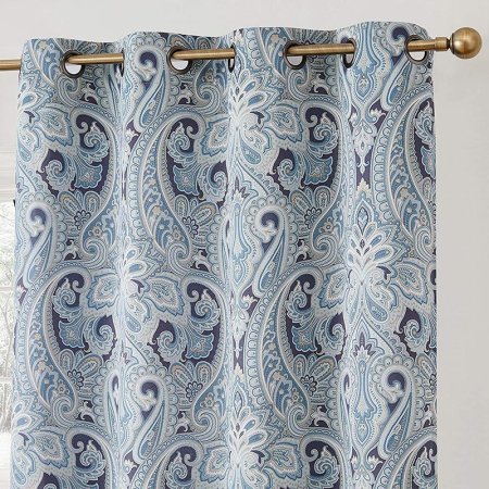  Blue HLC.ME Paris Paisley Blackout Grommet Curtain Panels on a brass curtain holder.