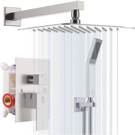  The SR Sunrise 12-Inch Shower System With Tub Spout on a white background with an illustration of water and a background image showing the controls and behind-the-wall plumbing.