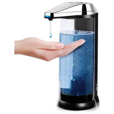  A person holding their hand open under the Secura 17-Ounce Automatic Liquid Soap Dispenser while it dispenses soap.