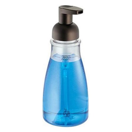  The iDesign Clear/Bronze Foaming Soap Pump on a white background and filled with blue soap.