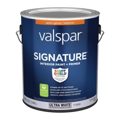 Can of Valspar Signature Semi-Gloss Tintable Interior Paint on a white background