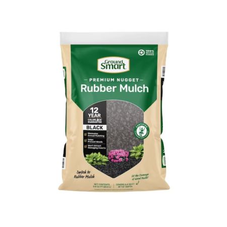  A bag of GroundSmart Premium Nugget Black Rubber Mulch on a white background.