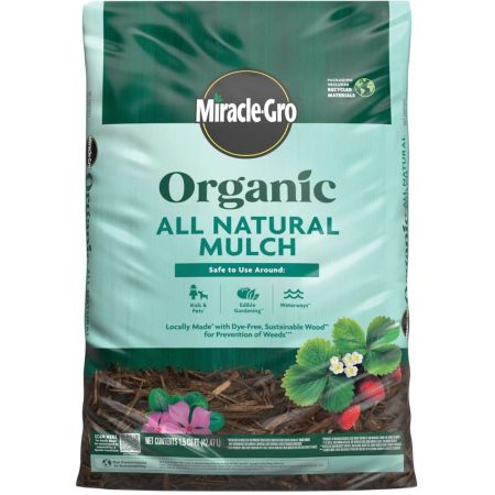  A bag of Miracle-Gro Organic All Natural Mulch on a white background.