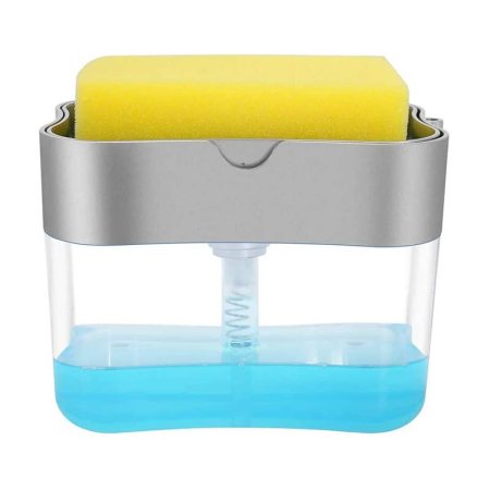  The Aeakey Soap Dispenser and Sponge Holder on a white background, partially filled with blue soap and holding a sponge.