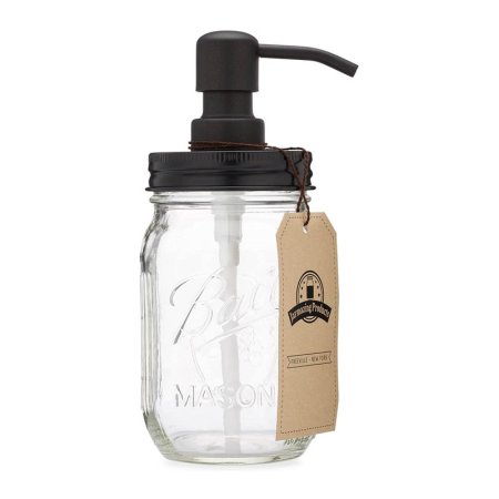  The Jarmazing Products Farmhouse Mason Jar Soap Dispenser on a white background with its product tag still attached.