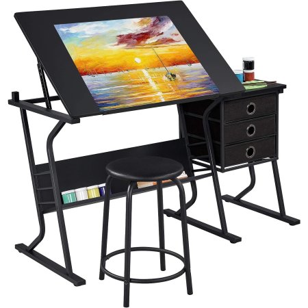  The Best Drafting Table Option: Yaheetech Drafting Table With 3 Slide Drawers