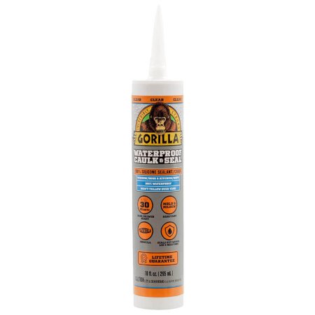  A tube of Gorilla Waterproof Caulk & Seal 100% Silicone Sealant on a white background.