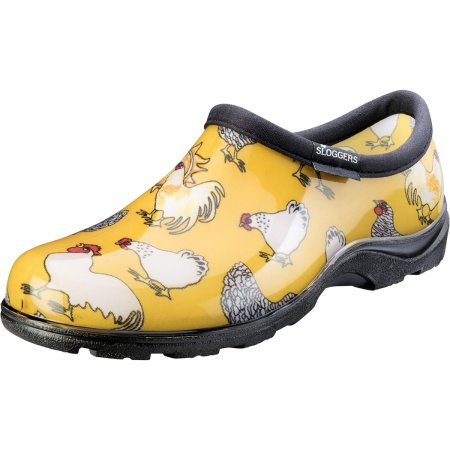  The Sloggers Rain & Garden Shoes with a chicken pattern on a white background.