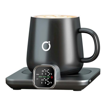  A black Ikago Heat Coaster Mug Warmer Pro Set with its temperature reading showing 175 degrees Fahrenheit.