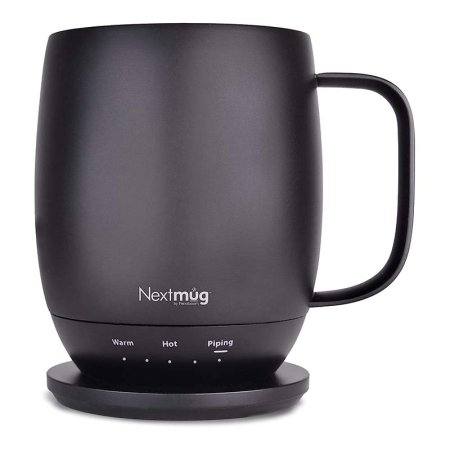  A charcoal Nextmug Self-Heating Temperature-Controlled Mug on a white background.