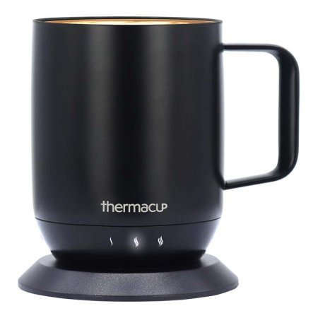  A black Thermacup Self-Heating Temperature-Controlled Mug on a white background.