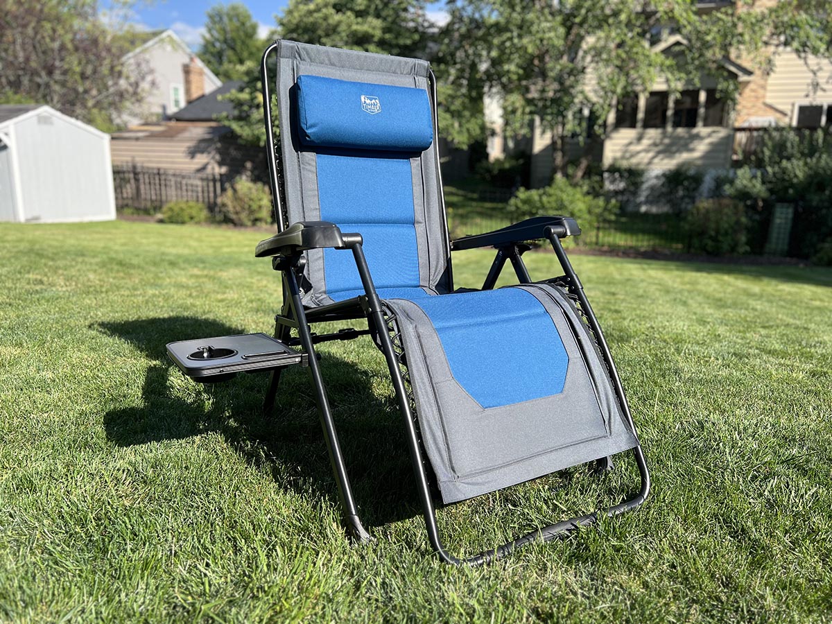 Timber Ridge blue and gray zero gravity chair on a green lawn