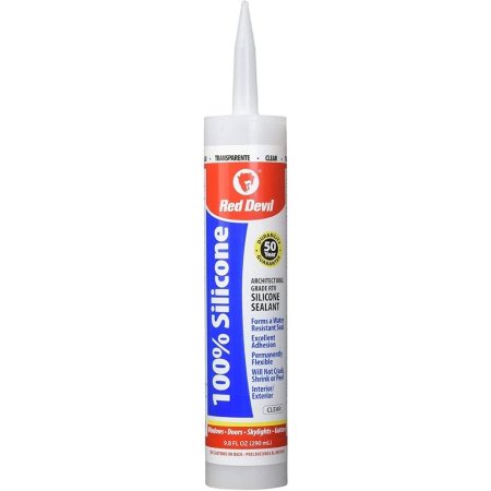  A tube of Red Devil 100% Silicone Architectural Grade Sealant on a white background.