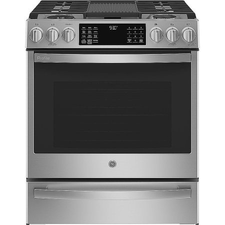  GE Profile 5.7 cu. ft. Slide-In Dual-Fuel Range on a white background