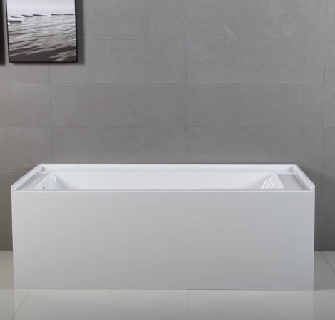  Kingston Brass Aqua Eden 60-Inch Alcove Bathtub against a gray tile wall