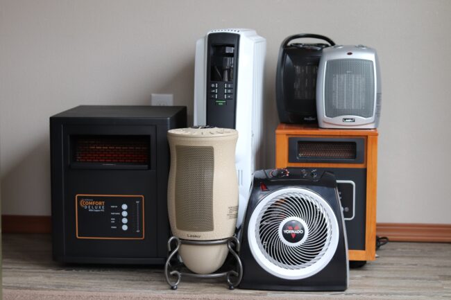 A selection of the best space heaters grouped together before testing.