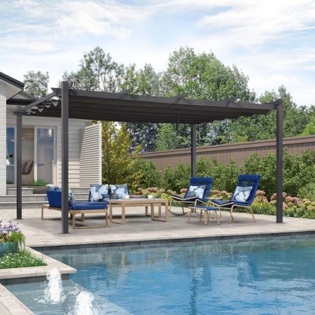  Purple Leaf Outdoor Retractable Pergola With Canopy next to a pool