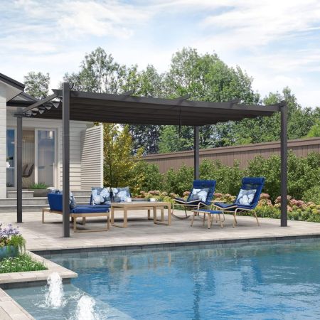 Purple Leaf Outdoor Retractable Pergola With Canopy next to a pool