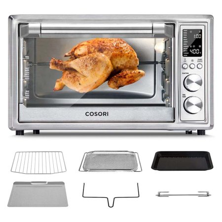  The Cosori 30 Liter Air Fryer Oven cooking a whole chicken with several accessories laid out in front.