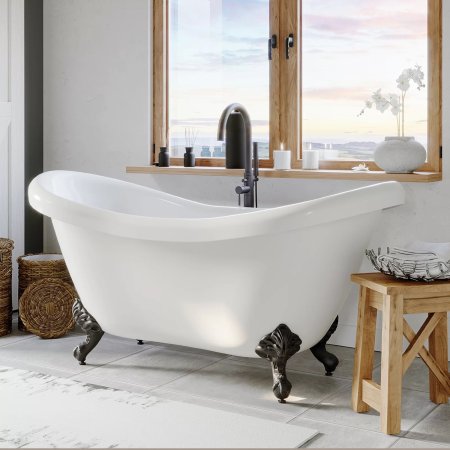  Cambridge Plumbing Freestanding Soaking Bathtub in front of a window