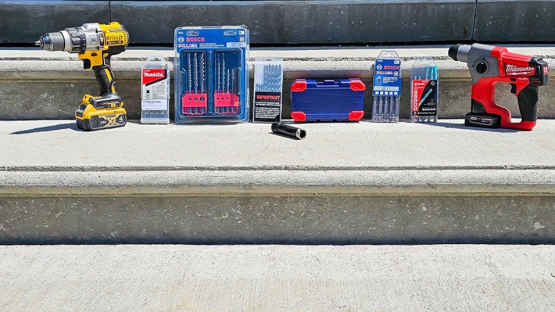 A group of the best drill bits for concrete on cement steps before testing.