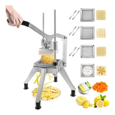  A person using the Vevor Commercial Chopper With 4 Replacement Blades to cut fruits and vegetables into several different shapes.