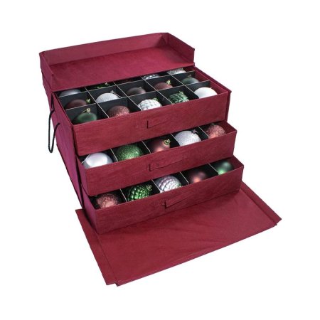  The 612 Vermont Ornament Storage Box With Pull-Out Trays on a white background with each tray pulled open enough to reveal red, white, and green stored ornaments.