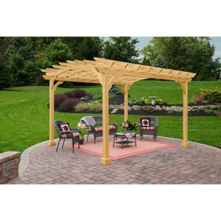  YardCraft 10 x 12 Wood Pergola Kit on a backyard patio