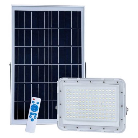  The Tin Sum Solar Energy 300W LED Solar Flood Lights and its remote and solar panel on a white background.