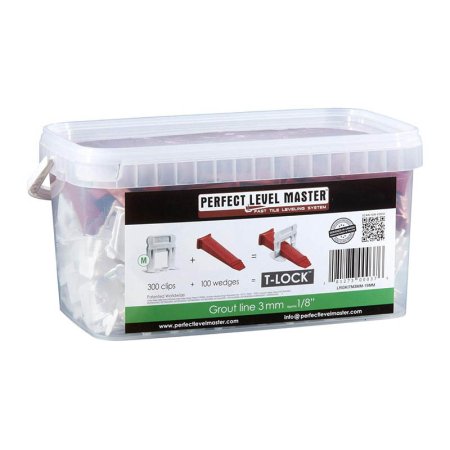  Tub of Perfect Level Master T-Lock Clips on a white background