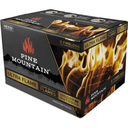  A box of Pine Mountain Ultra Flame Fire Logs on a white background.