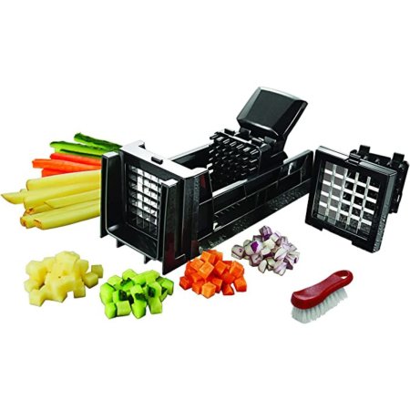  The Tiger Chef French Fry Cutter and Vegetable Chopper, chopped and sliced vegetables, and a cleaning brush on a white background.