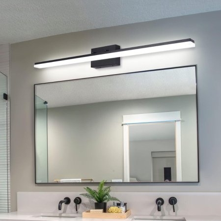  The Mirrea 48-Inch Modern LED Dimmable Vanity Light installed over a large mirror in a contemporary bathroom.