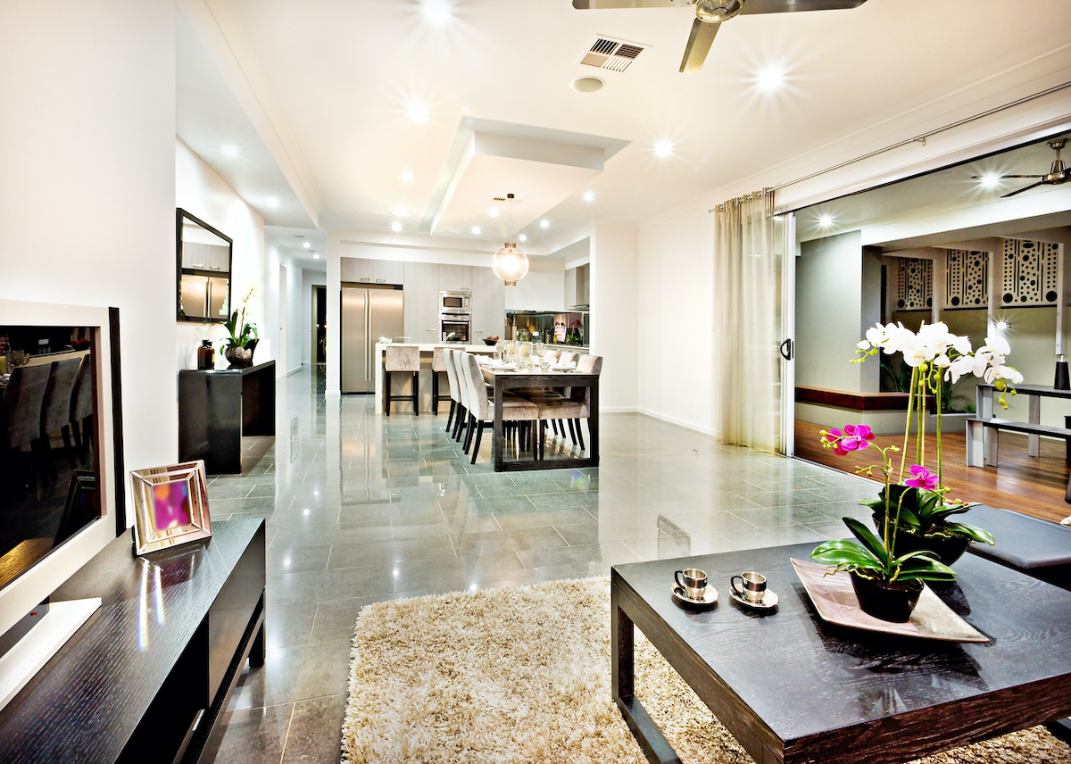 home with stained concrete floor