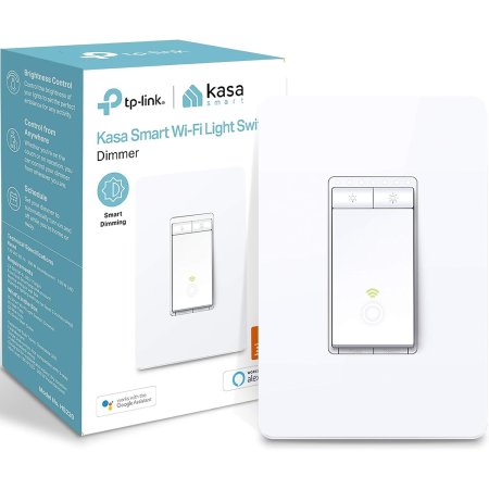  The Kasa Smart Wi-Fi Dimmer Light Switch and its box on a white background.