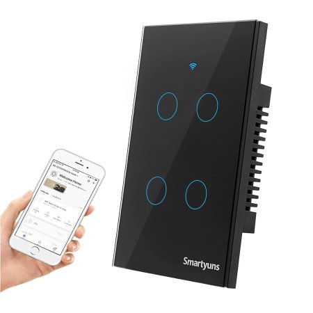  The Smartyuns Wi-Fi Glass Panel Smart Light Switch on a white background next to a person's hand holding a phone showing the Smartyuns app.