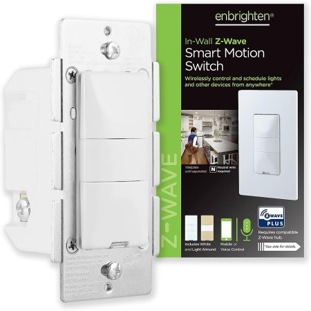  The Enbrighten Z-Wave Smart Motion Sensor Light Switch and its box on a white background.