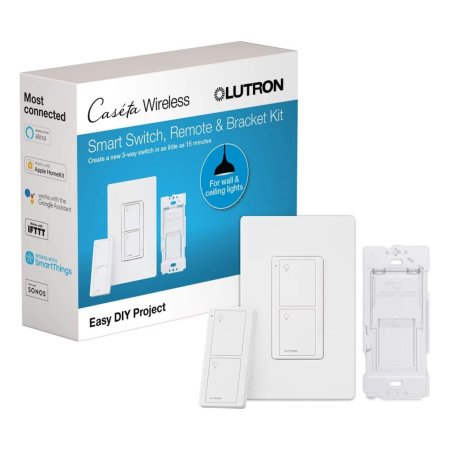  The Lutron Caseta Smart Switch, Remote, and Bracket Kit and its box on a white background.