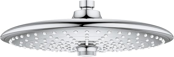  A chrome shower head on a white background